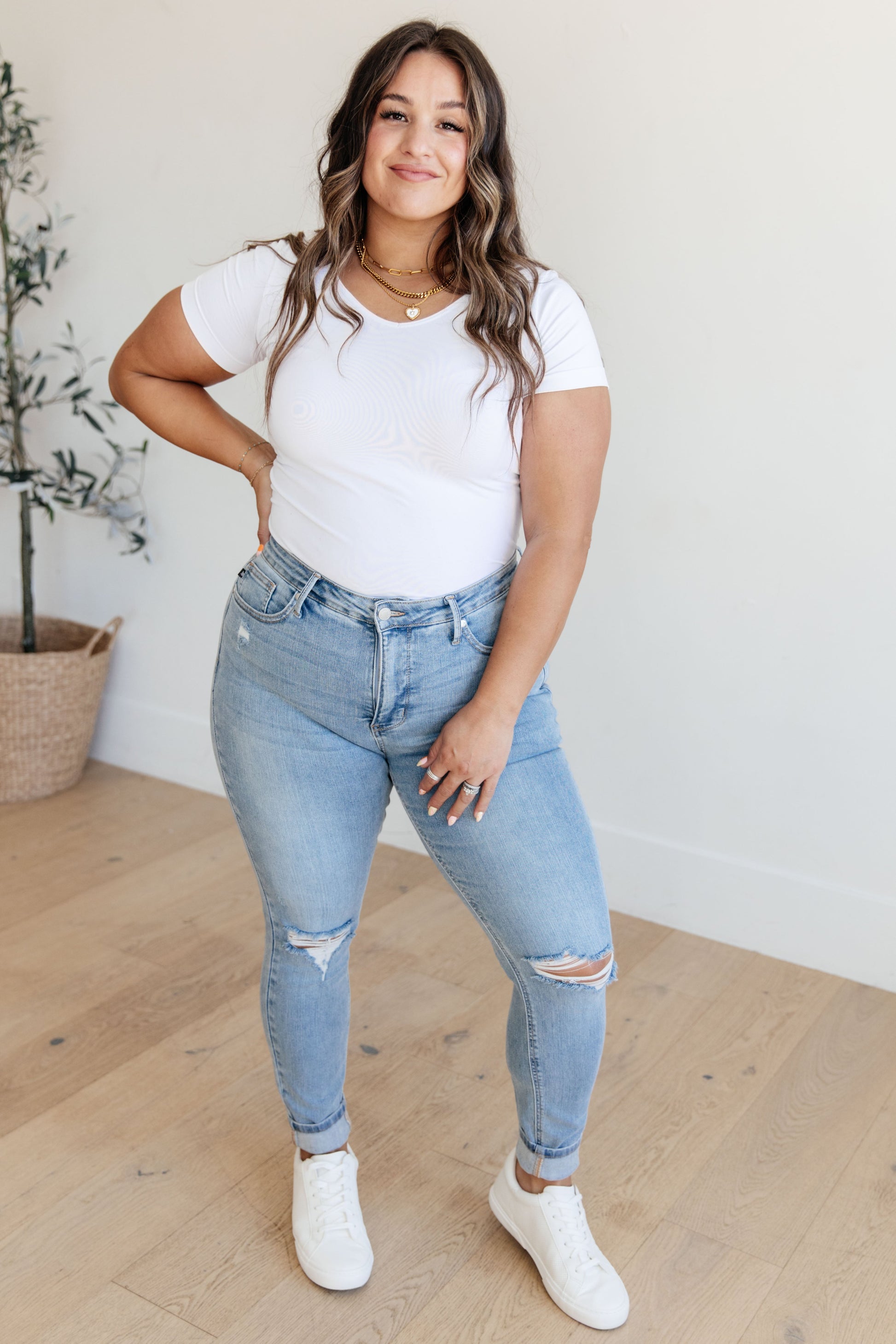 Eloise Mid Rise Control Top Distressed Skinny Jeans - Dahlia Boutique