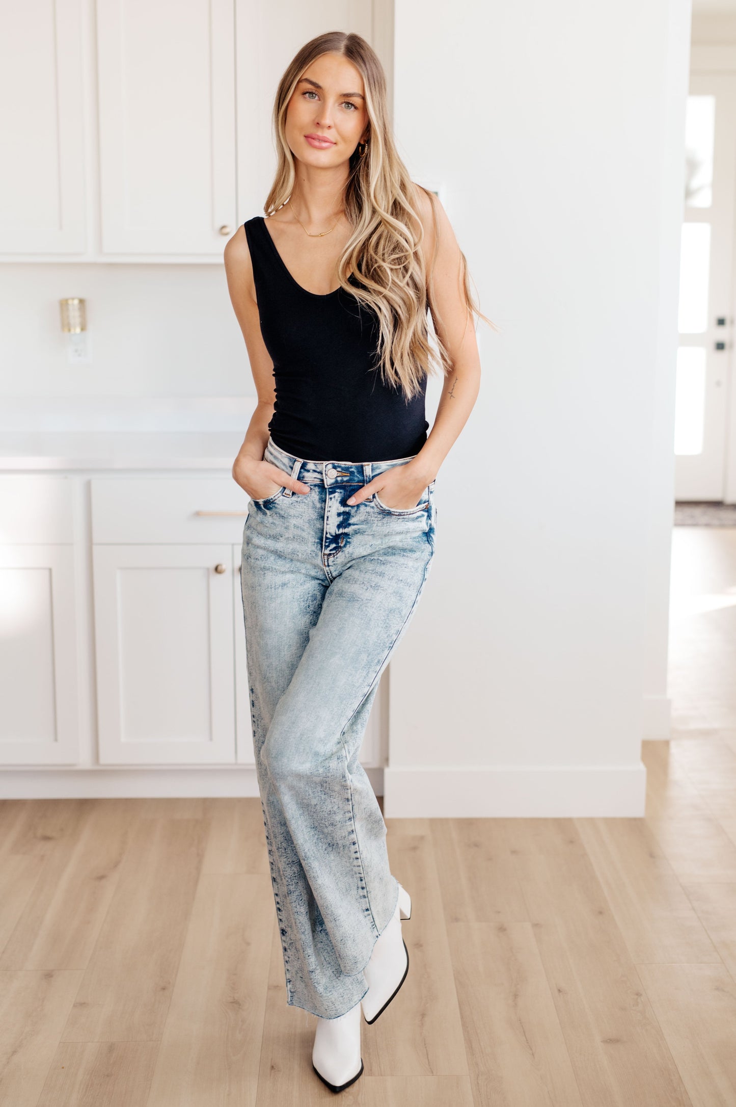 Dory High Waist Mineral Wash Raw Hem Wide Leg Jeans - Dahlia Boutique