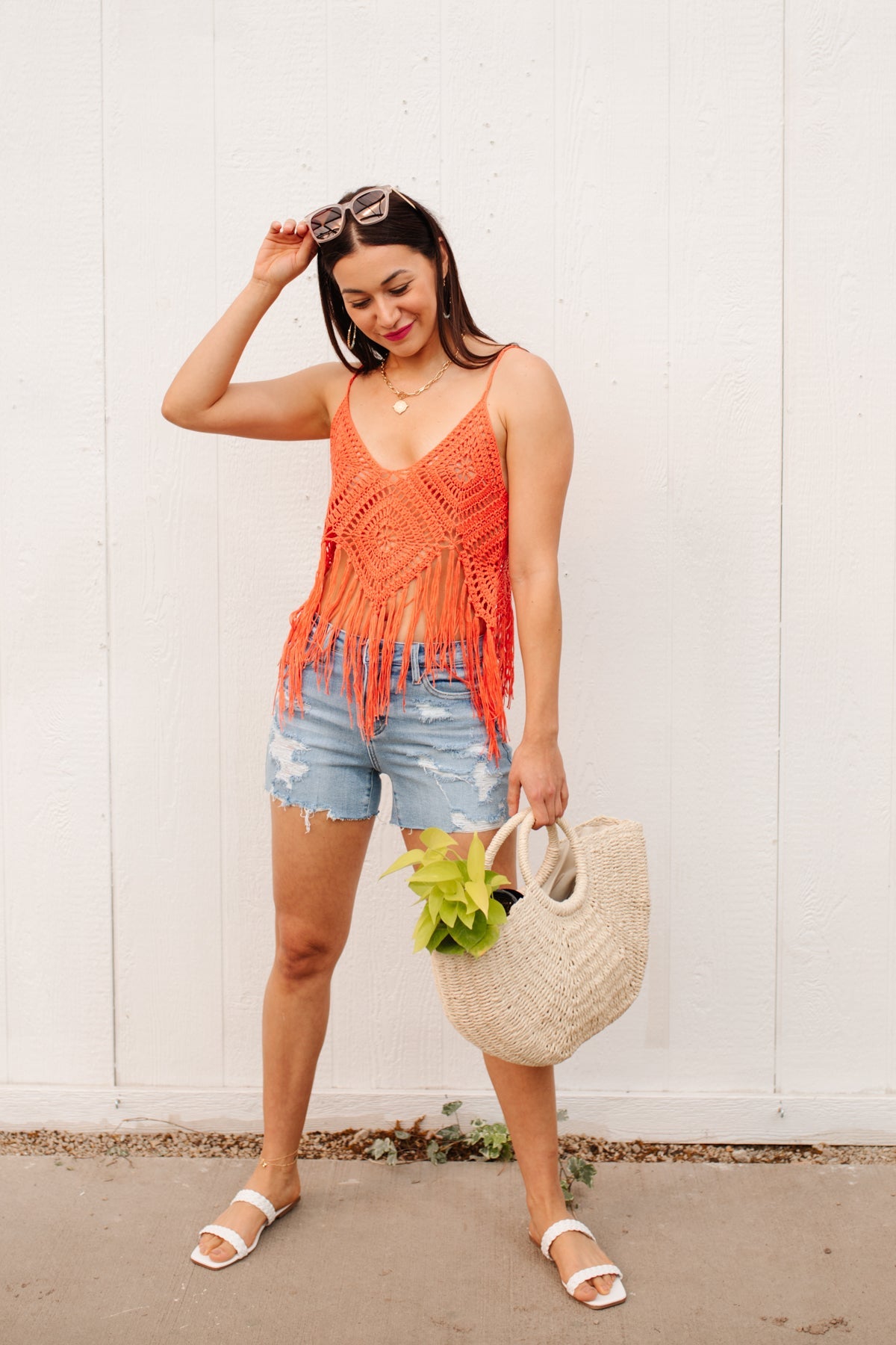 Camiseta sin mangas con flecos de festival en naranja