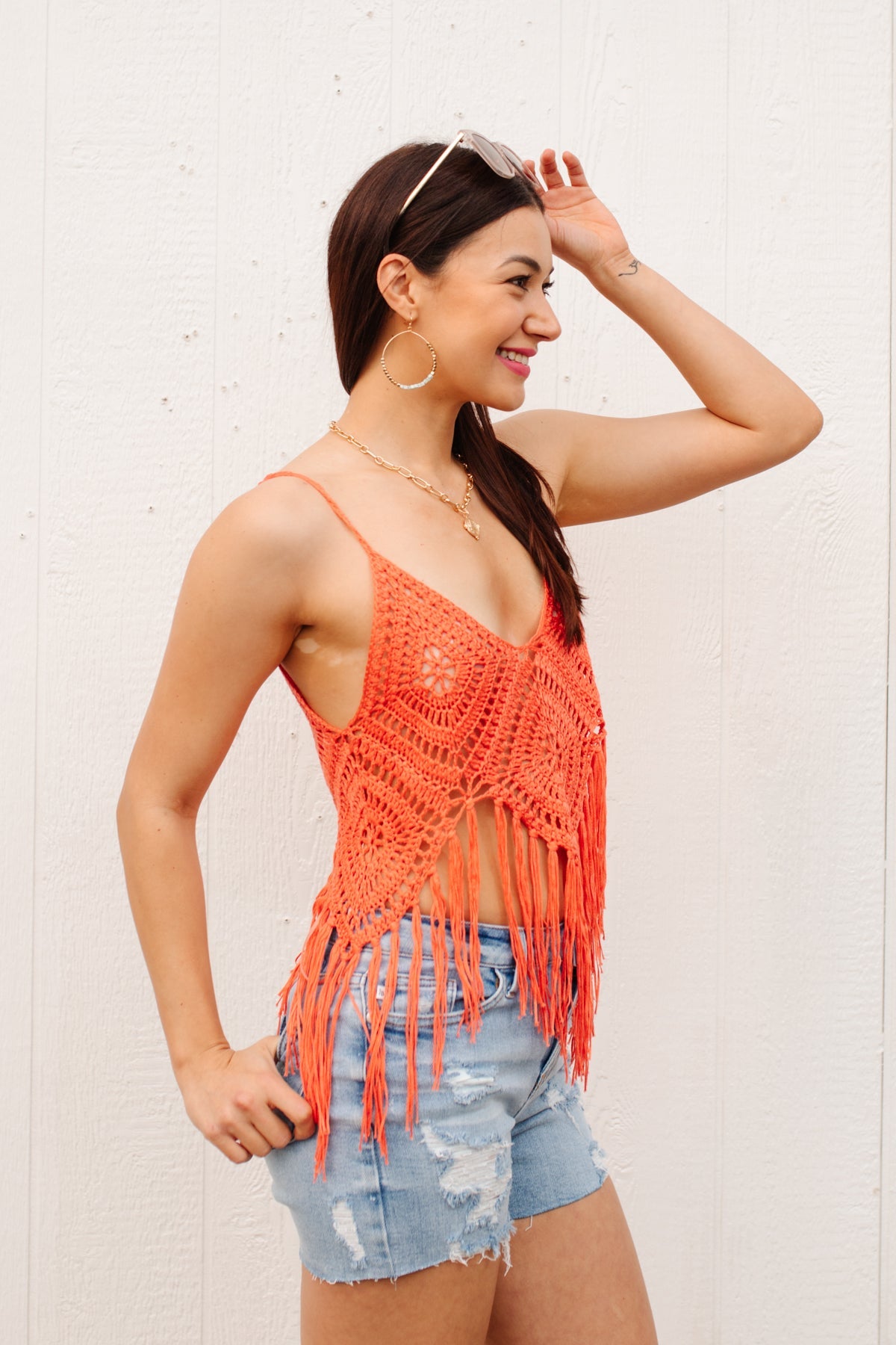 Camiseta sin mangas con flecos de festival en naranja
