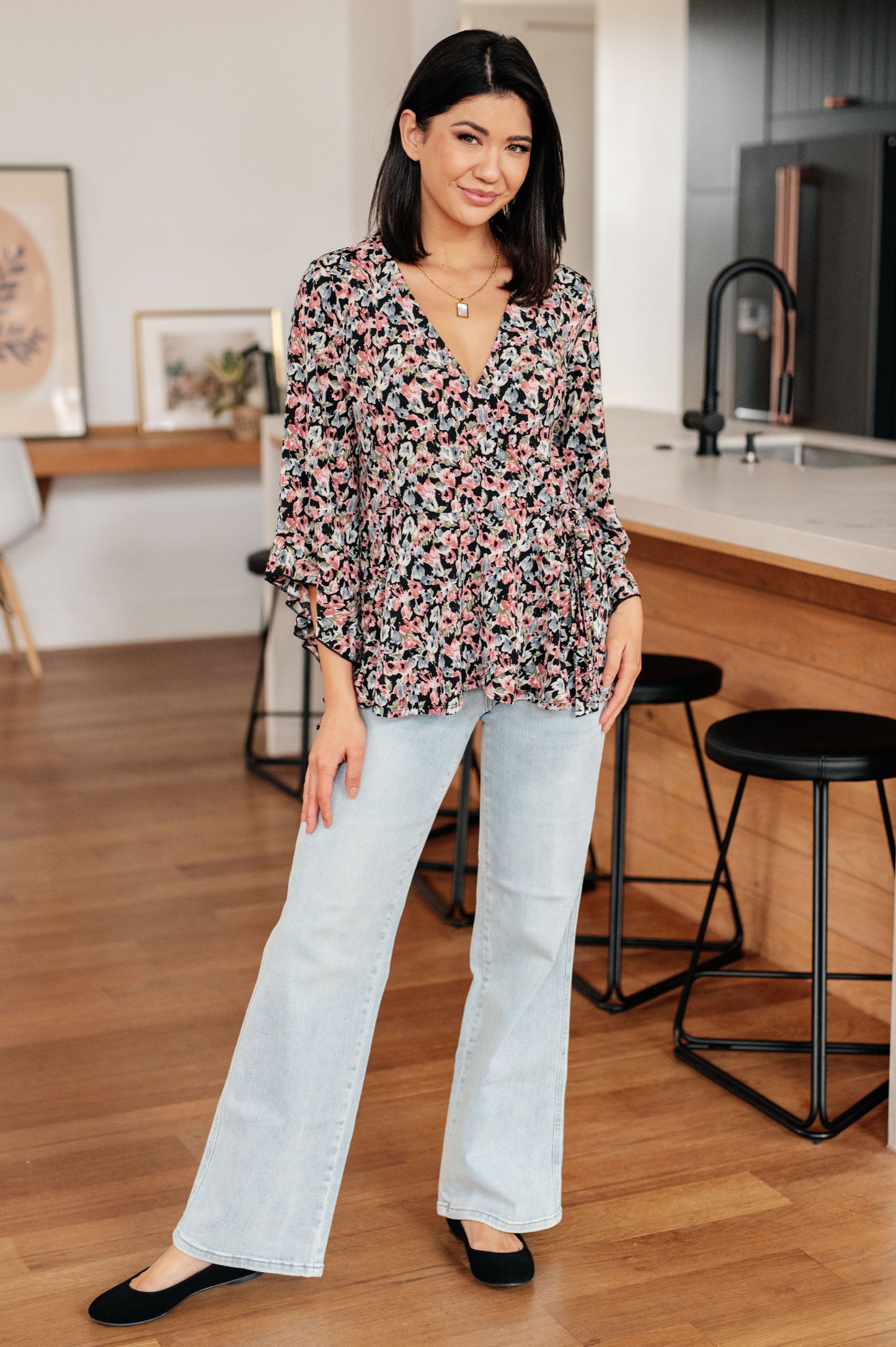 Have It All Angel Sleeve Top in Black Floral - Dahlia Boutique
