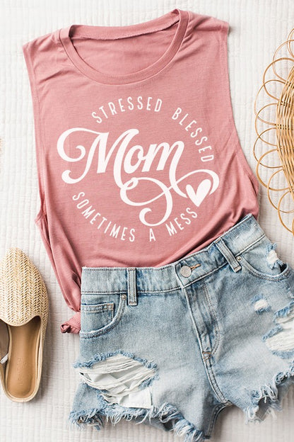 Mamá estresada Blessed Mess Muscle Tank Top