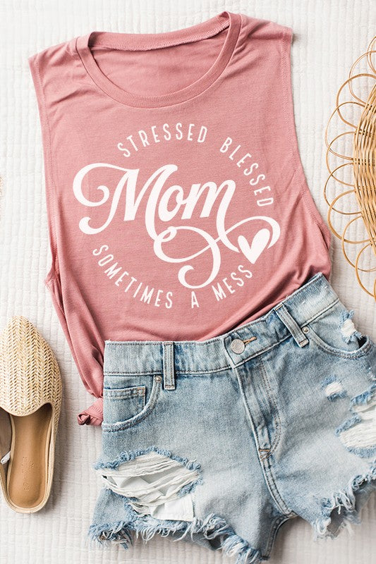 Mamá estresada Blessed Mess Muscle Tank Top