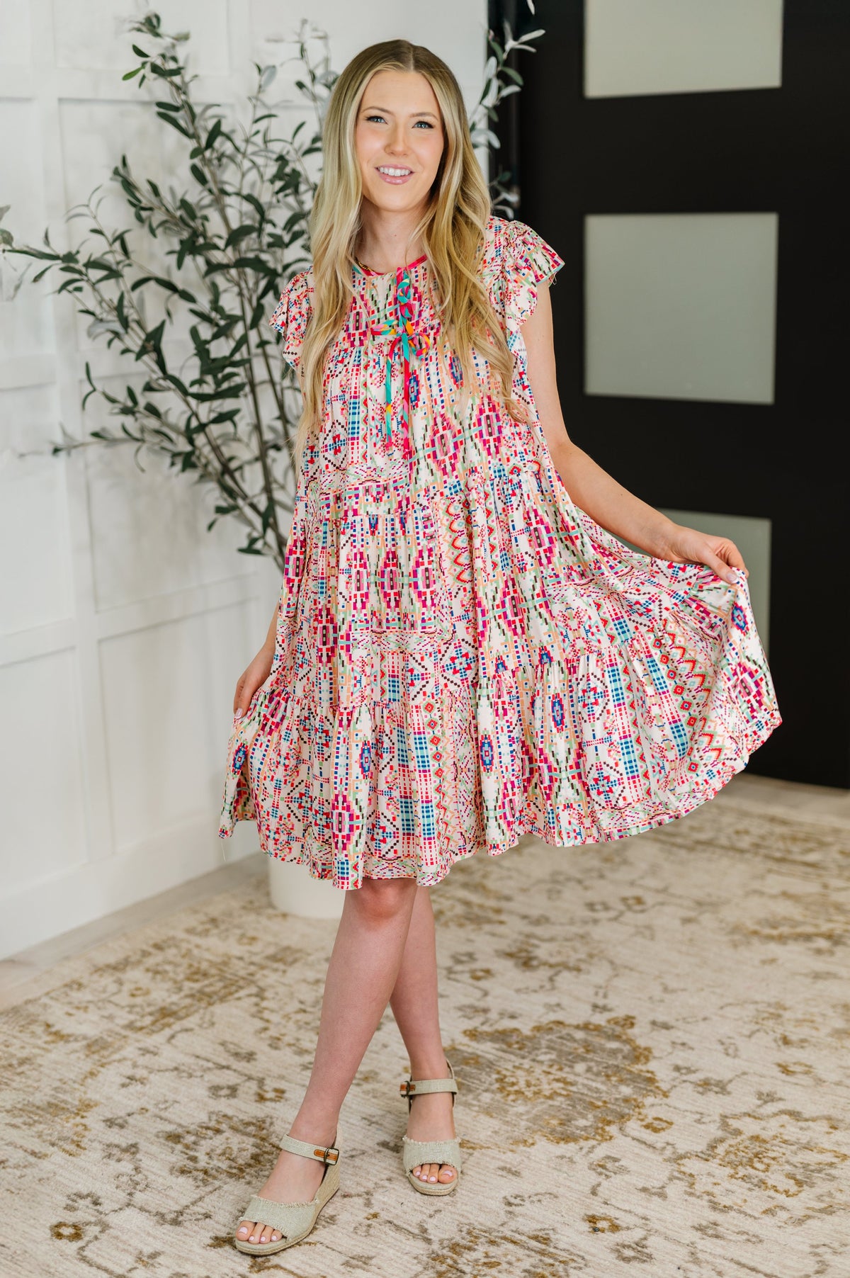 Boho and Behold Flutter Sleeve Dress in Blush/Fuchsia/Mint