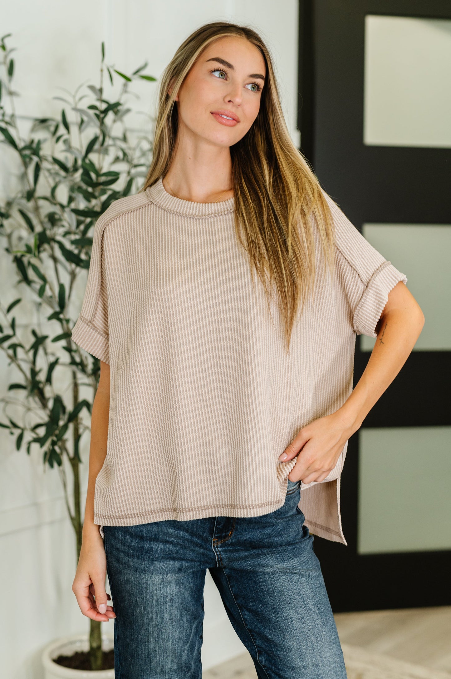 Catch Me Loungin’ Cable Ribbed Knit Top in Ash Mocha