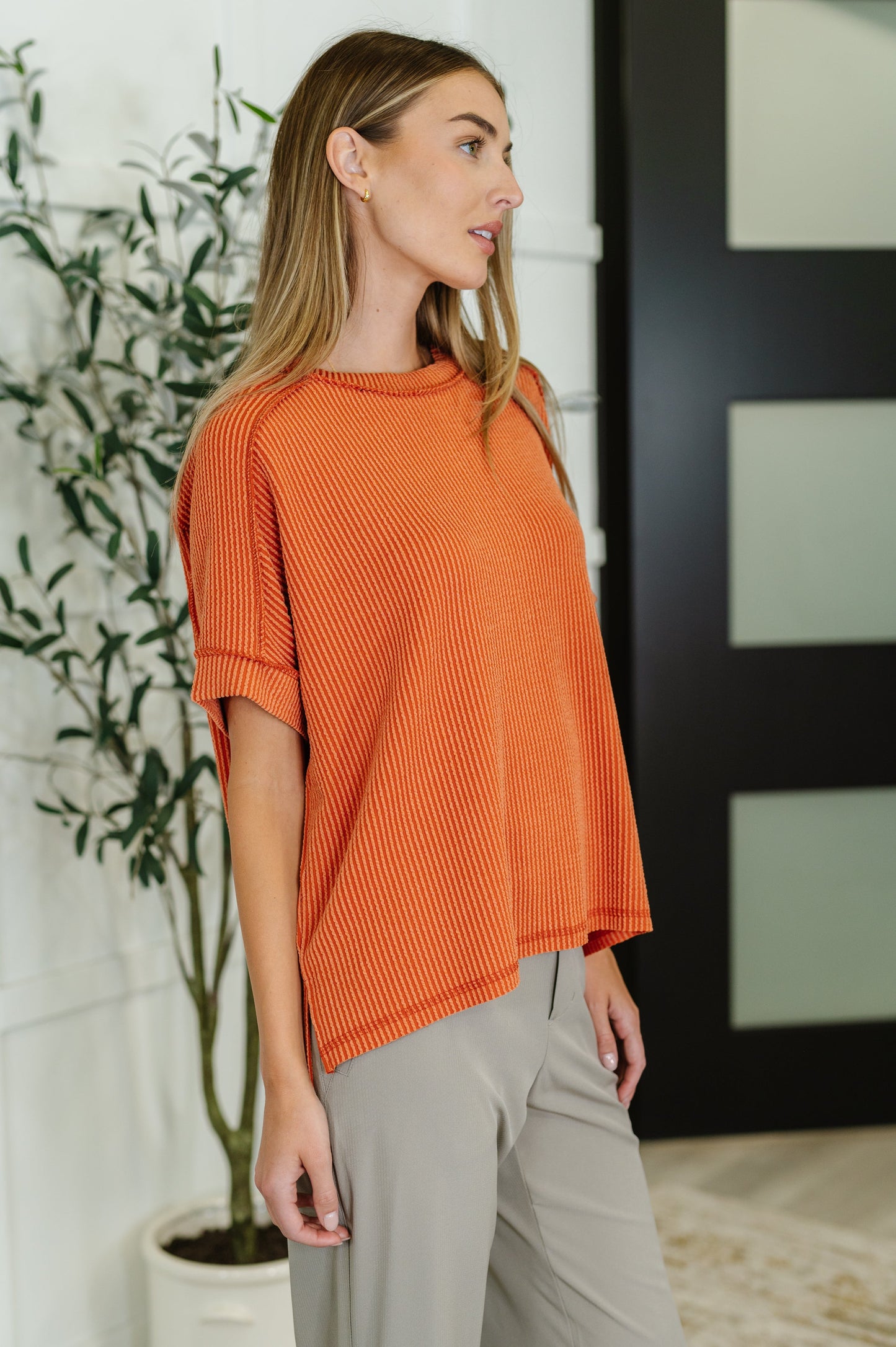 Catch Me Loungin’ Cable Ribbed Knit Top in Burnt Orange