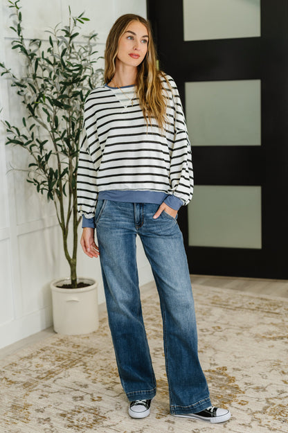 Cute in Comfort Crew Neck Pullover in White, Black and Denim