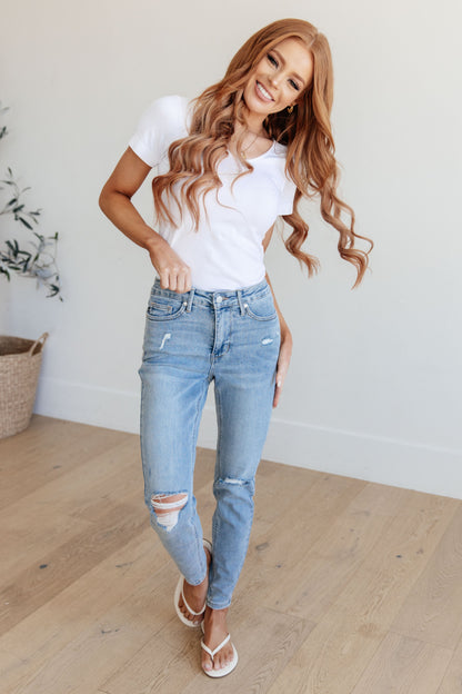 Eloise Mid Rise Control Top Distressed Skinny Jeans - Dahlia Boutique