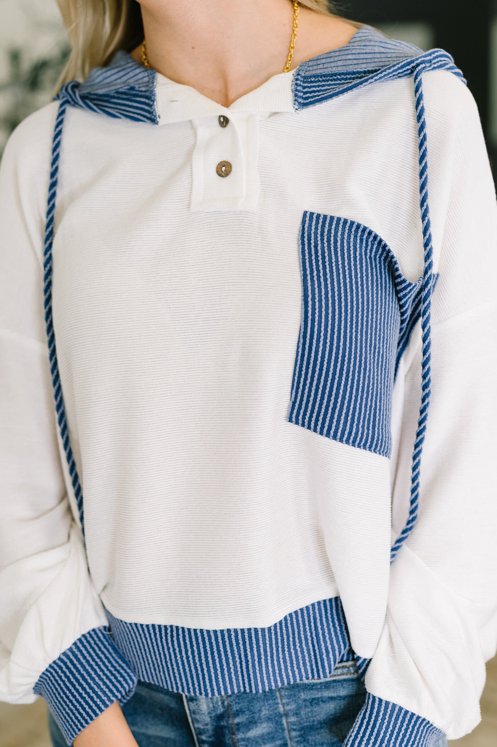Here for Now Color Block Hoodie in Blue
