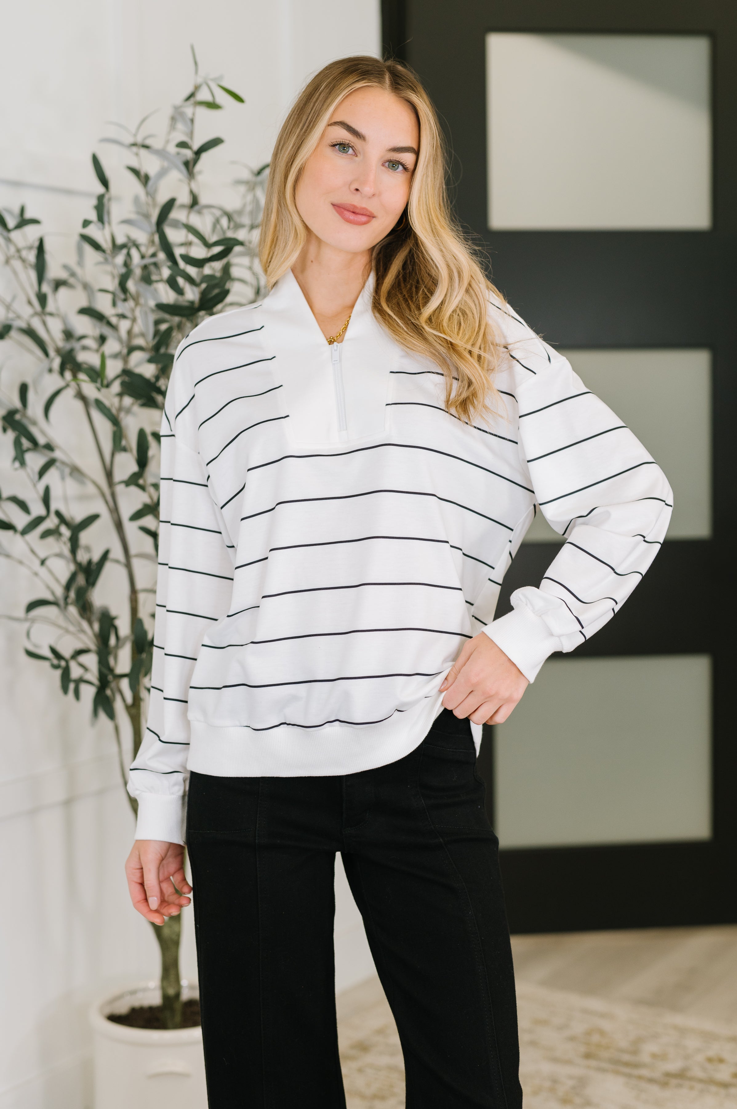 Just My Stripe Zipper Top