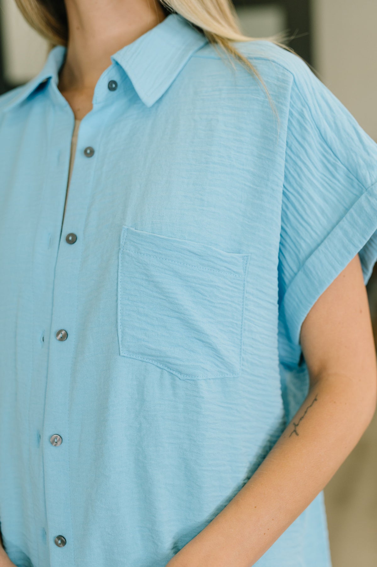 Keep Up Collared Button Down in Sky Blue