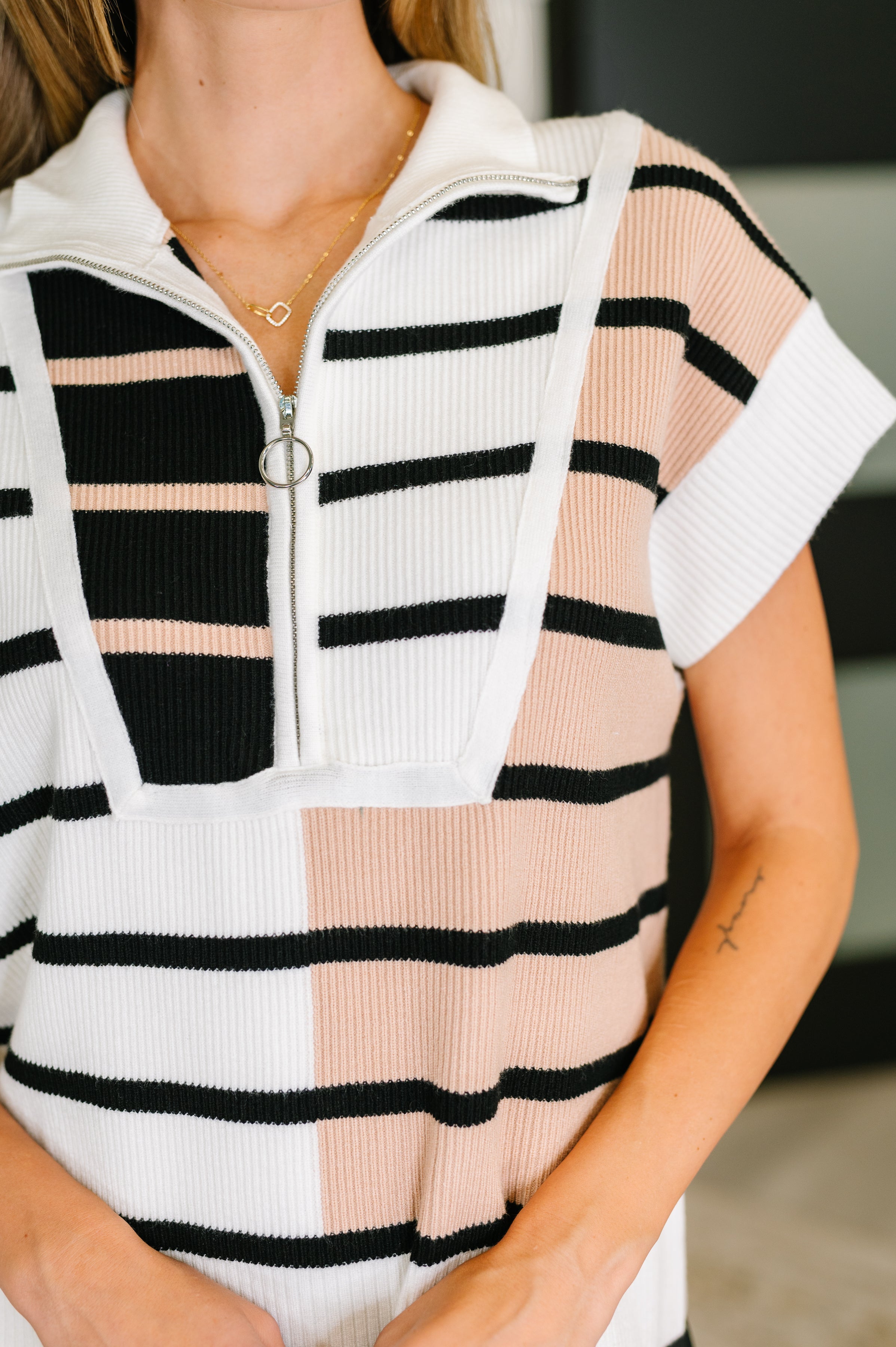 Lonely Traveler Striped Quarter Zip Vest in White