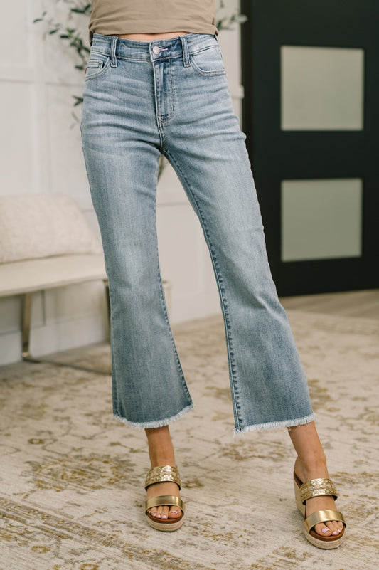Mckaylee Mid Rise Kick Flare Jeans with Frayed Hem