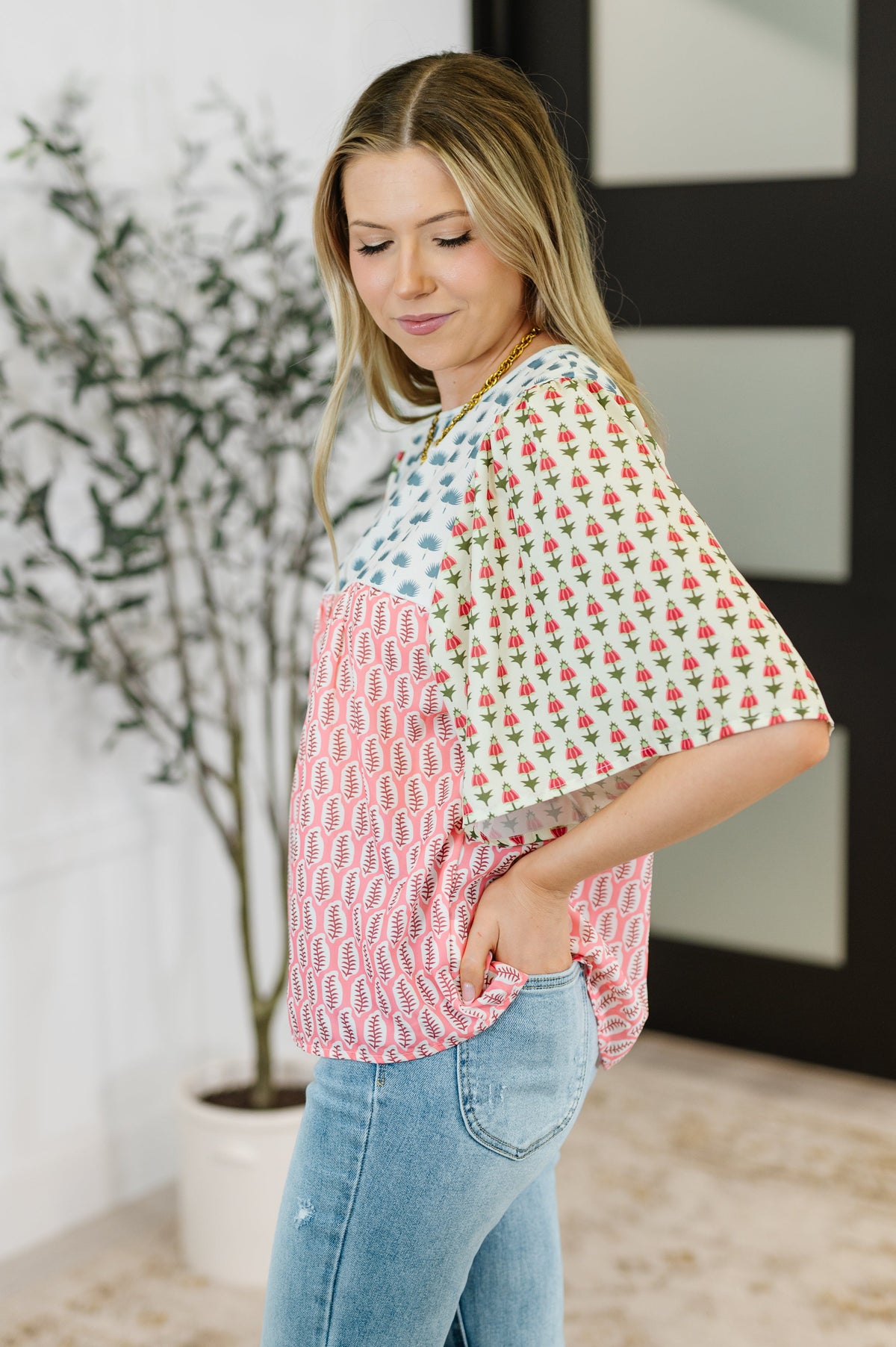 Outside Advantage Mixed Print Boho Blouse