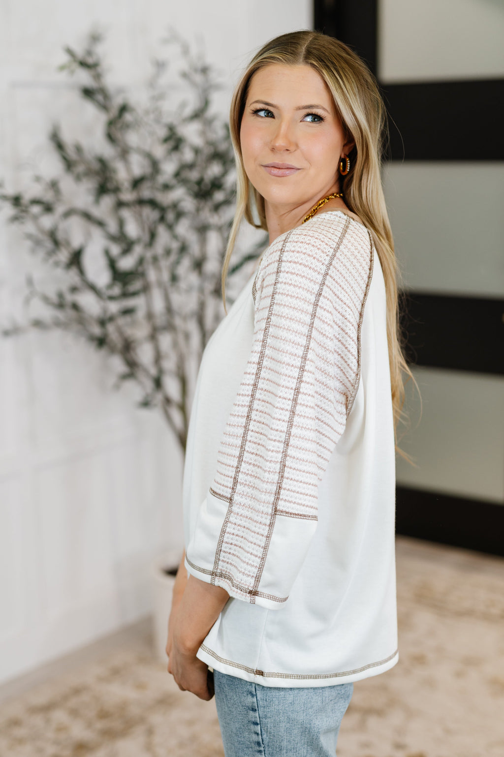 Preoccupied Striped Sleeve Top in Tan