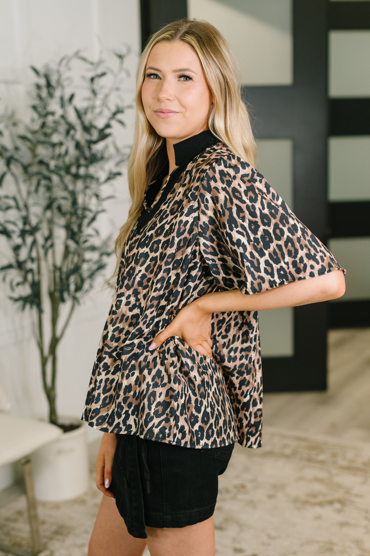 Sassy Season Split Neck Leopard Print Blouse