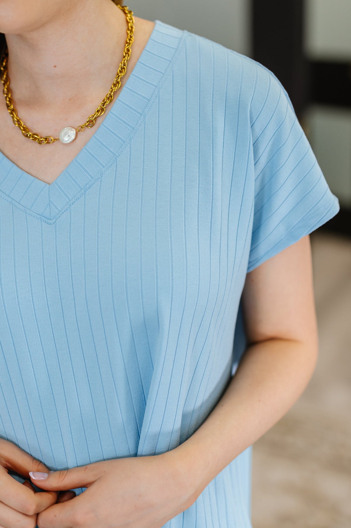 Top Shelf Basic V-Neck Ribbed Tee in Sky Blue