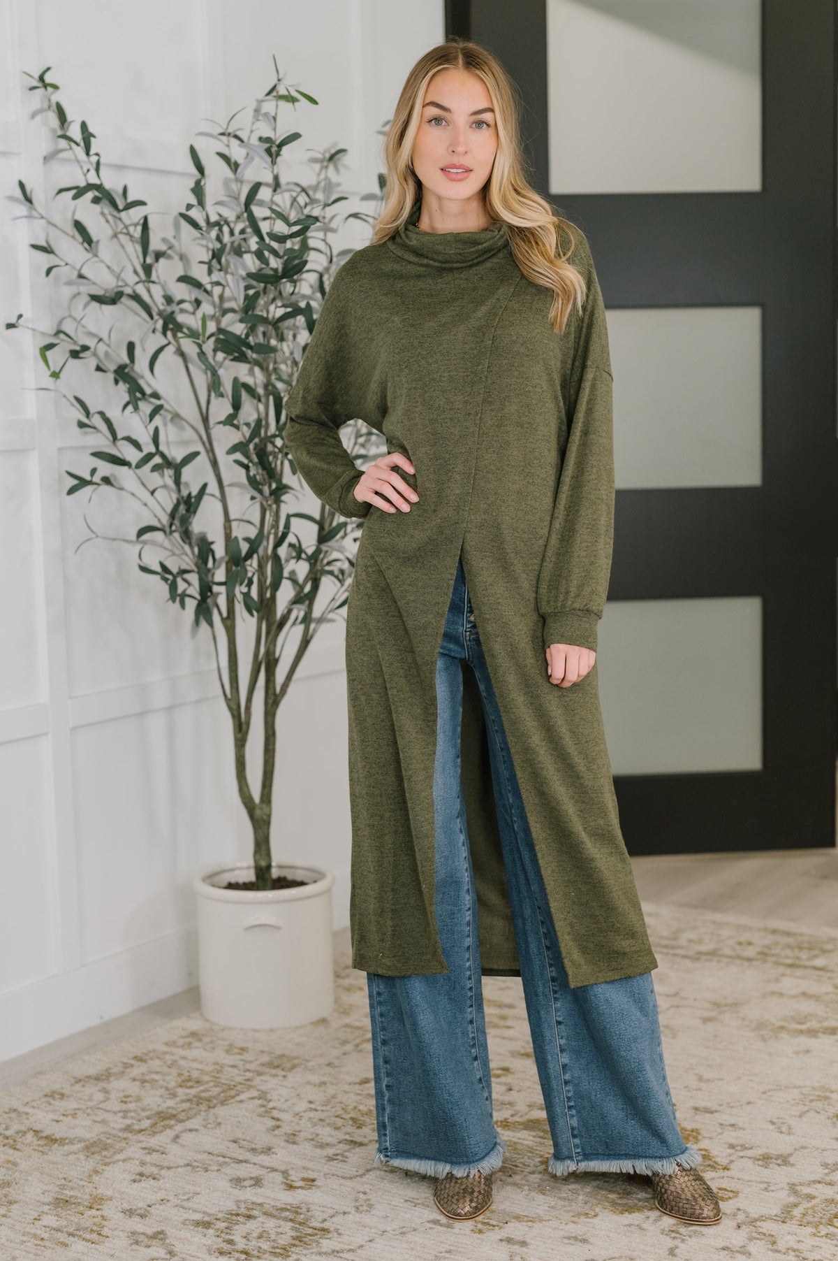 Travel City Scape Turtle Neck Tunic in Olive