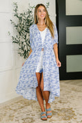 Tropical Print Gauze Kimono with Elastic Waist Tie in Periwinkle
