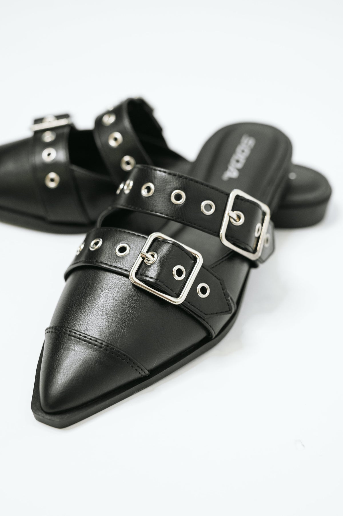 Usual Pointy Toe Double Buckle Flat in Black