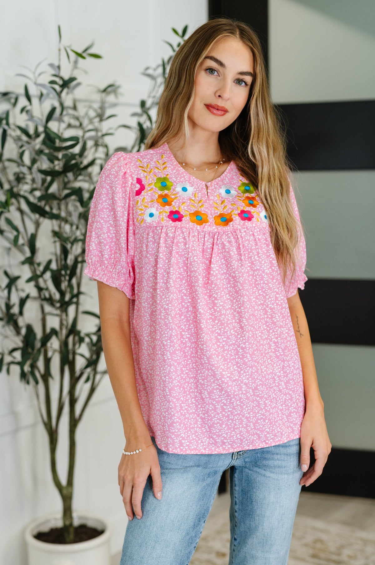 Wander Bloom Embroidered Puff Sleeve Blouse in Pink