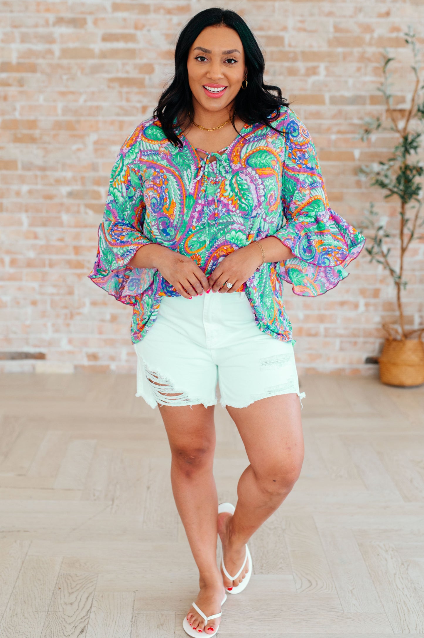 Top con mangas acampanadas Willow en cachemira color lavanda y menta
