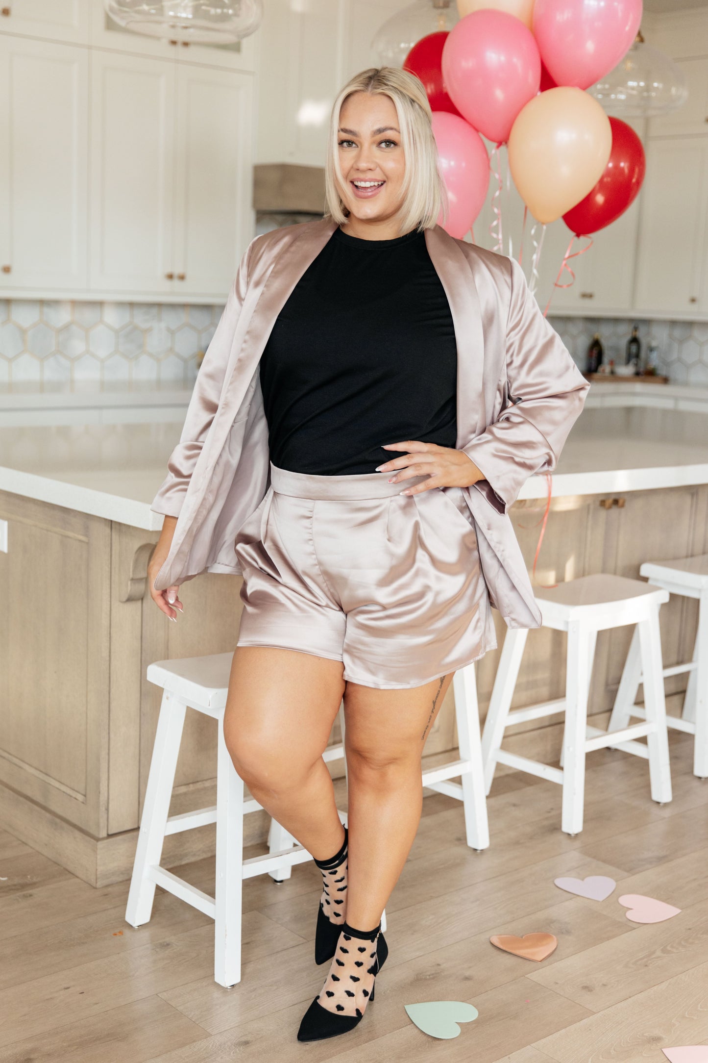Champagne and Roses Satin Blazer - Dahlia Boutique