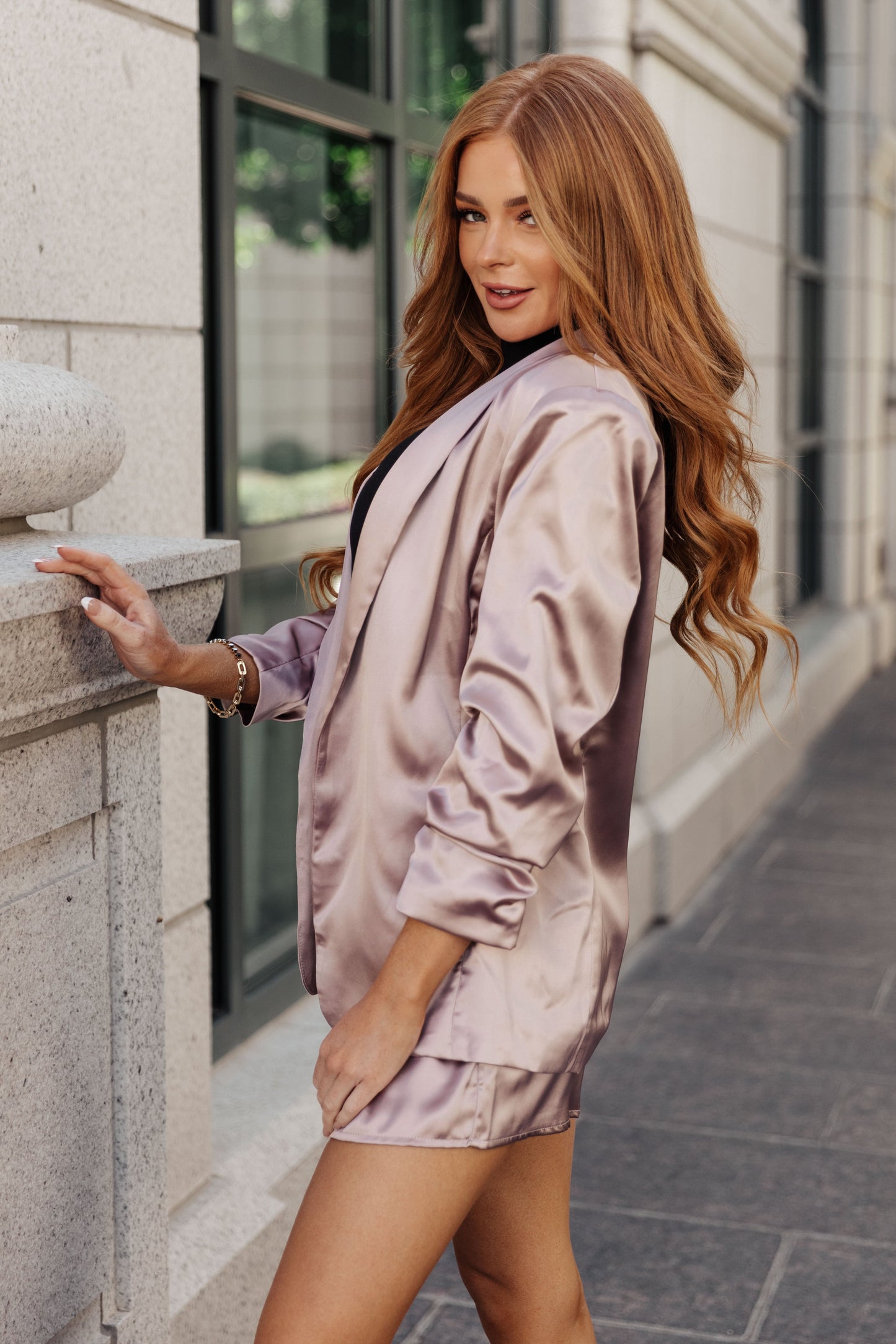 Champagne and Roses Satin Blazer - Dahlia Boutique