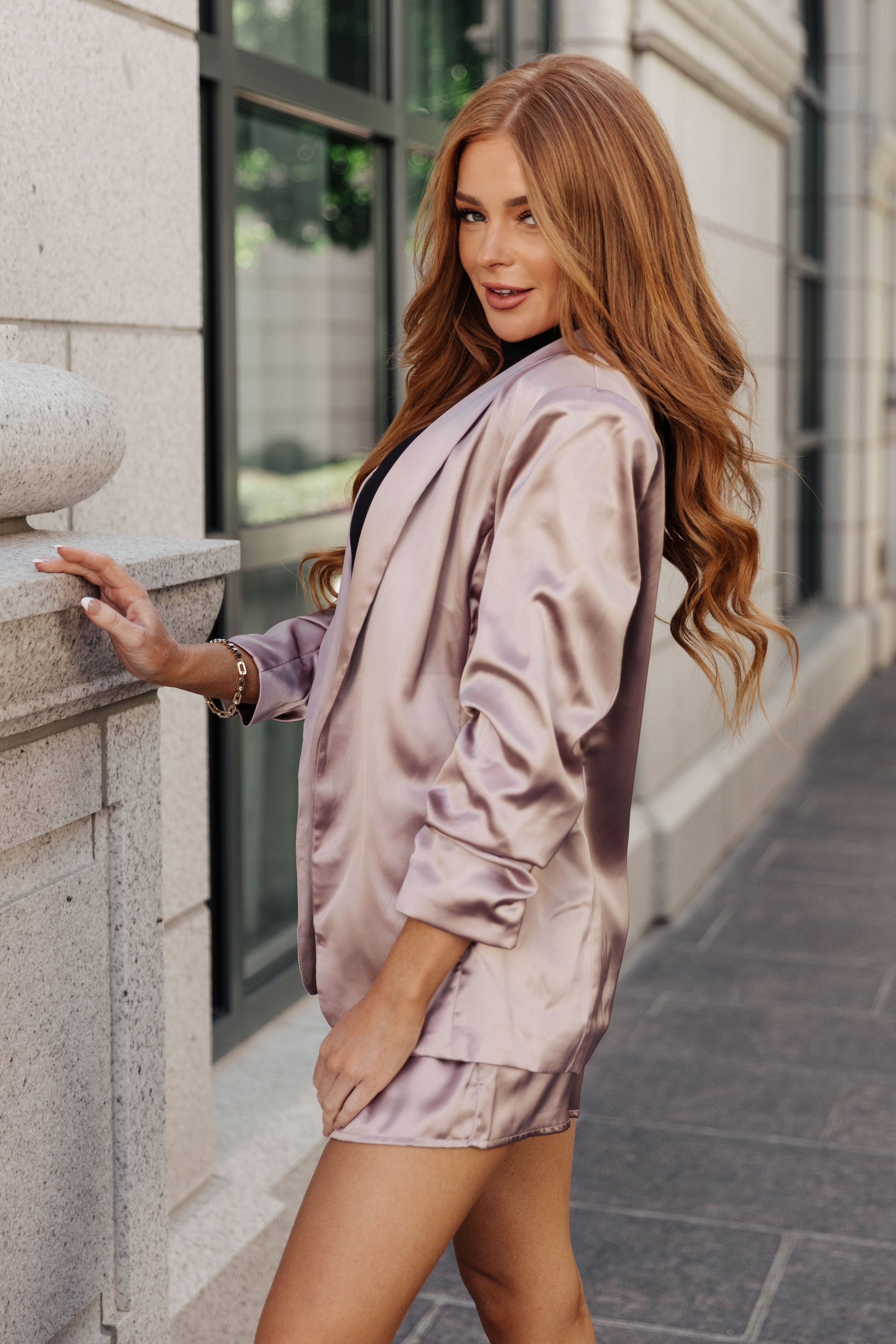 Champagne and Roses Satin Blazer - Dahlia Boutique