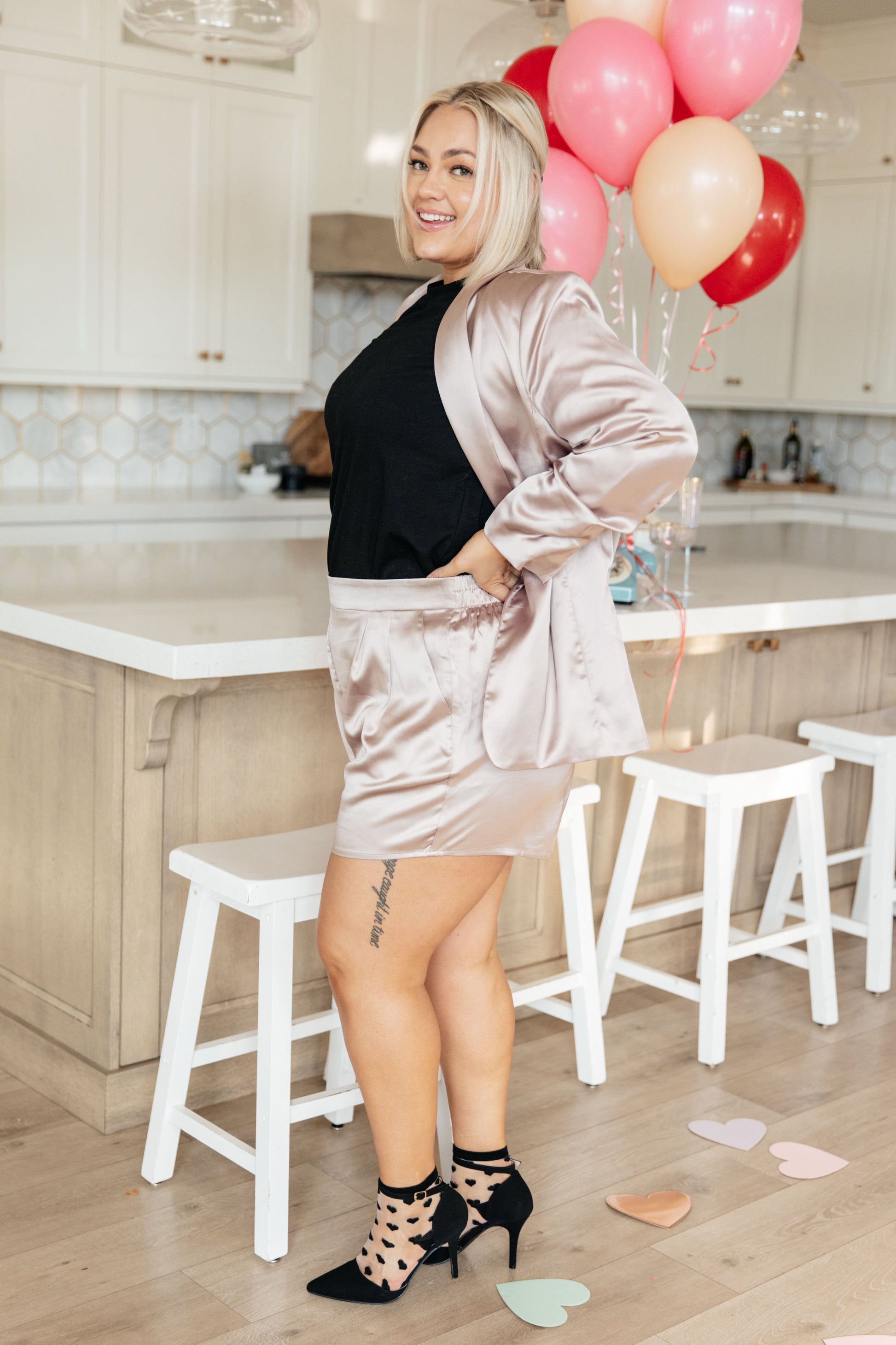 Champagne and Roses Satin Blazer - Dahlia Boutique
