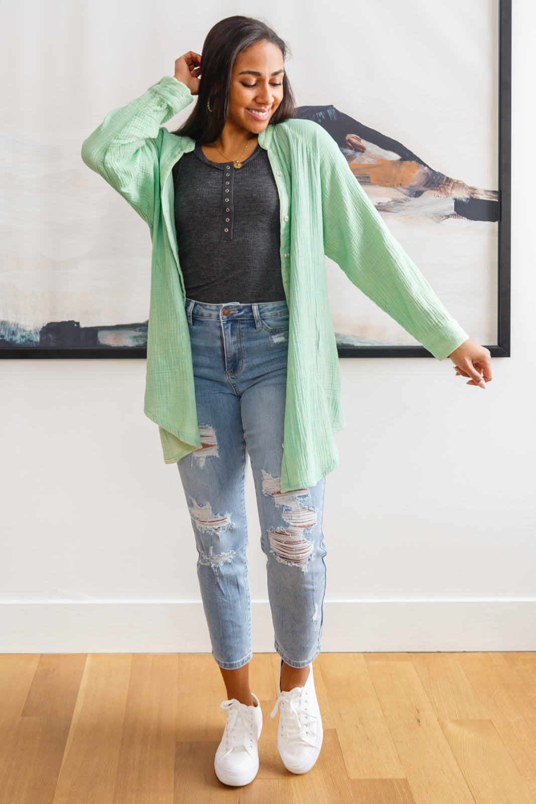 Corey Button Up Top In Vintage Green - Dahlia Boutique