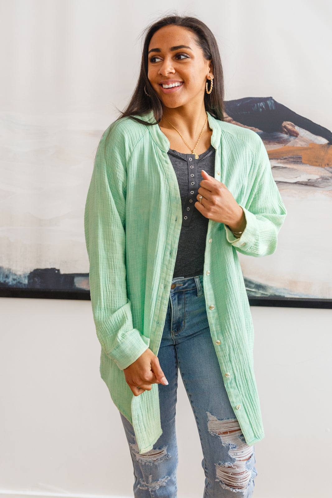 Corey Button Up Top In Vintage Green - Dahlia Boutique