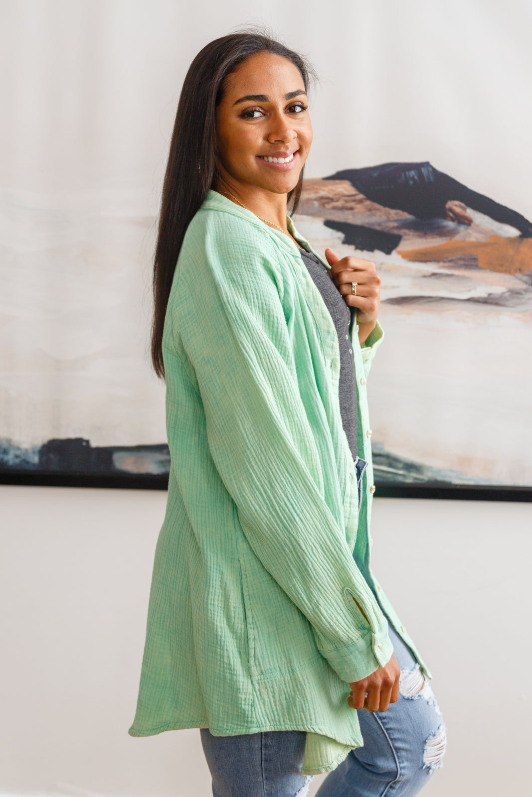 Corey Button Up Top In Vintage Green - Dahlia Boutique