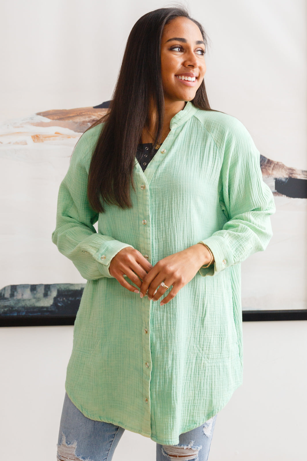 Corey Button Up Top In Vintage Green - Dahlia Boutique