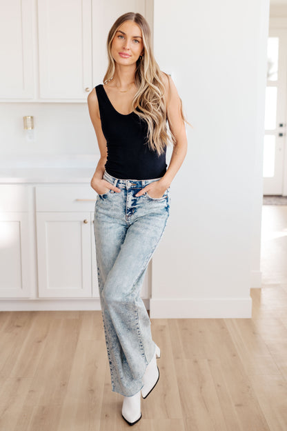Dory High Waist Mineral Wash Raw Hem Wide Leg Jeans - Dahlia Boutique