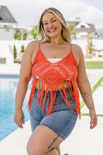 Camiseta sin mangas con flecos de festival en naranja