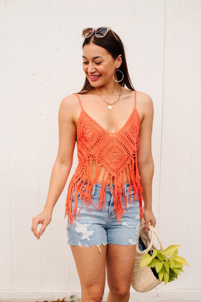 Camiseta sin mangas con flecos de festival en naranja