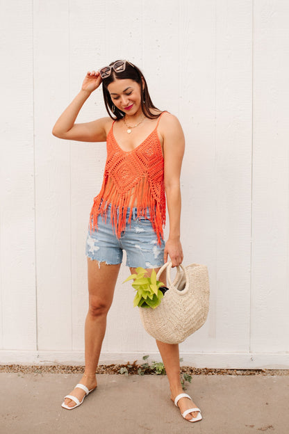 Camiseta sin mangas con flecos de festival en naranja