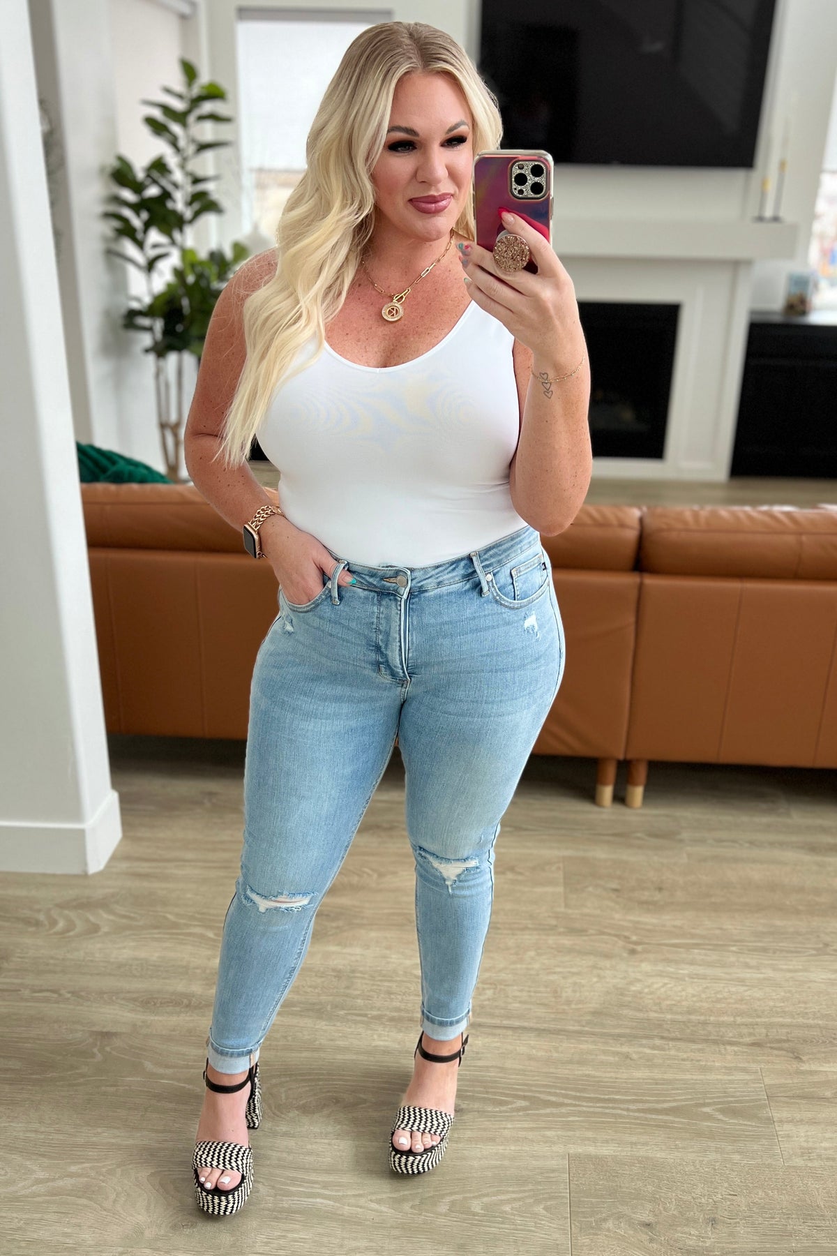 Eloise Mid Rise Control Top Distressed Skinny Jeans - Dahlia Boutique